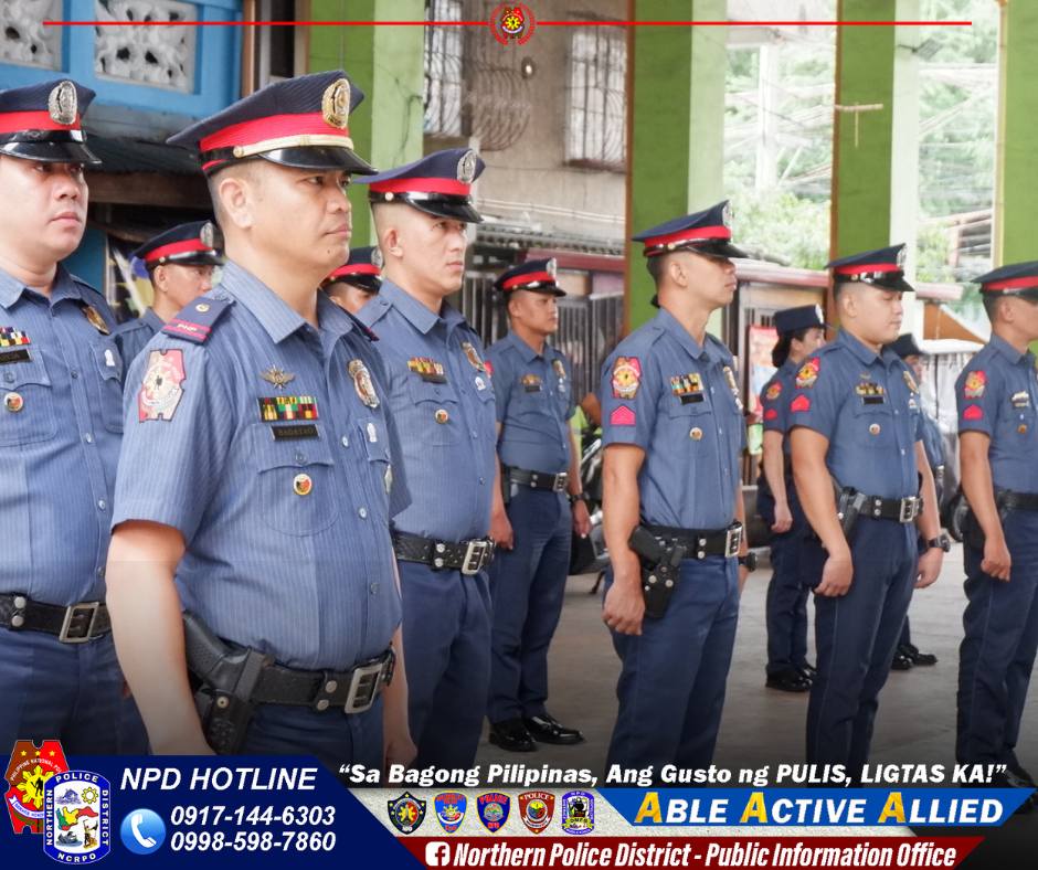 May be an image of 8 people and text that says 'trAUm 이슬를 N9 POLIGE cKTo NPD HOTLINE "Sa Bagong Pilipinas, Ang Gusto ng PULIS, LIGTAS KA!" 0917-144-6303 ABLE ACTIVE ALLIED 0998-598-7860 f Northern Police District- Public Information Office'