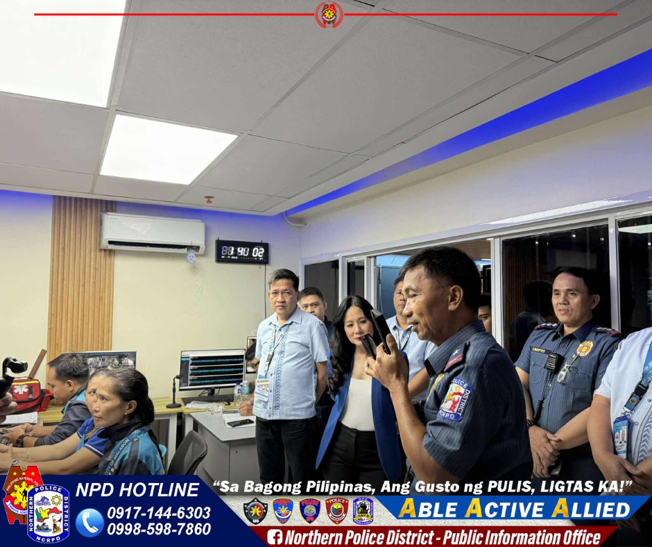 May be an image of 6 people, ambulance, newsroom and text that says '801900 99900 9 02 전조선 POLIGE cKpo NPD HOTLINE "Sa Bagong Pilipinas, Ang Gusto ng PULIS, LIGTAS KA!" 0917-144-6303 ABLE ACTIVE ALLIED 0998-598-7860 f Northern Police District- Public Information Office'