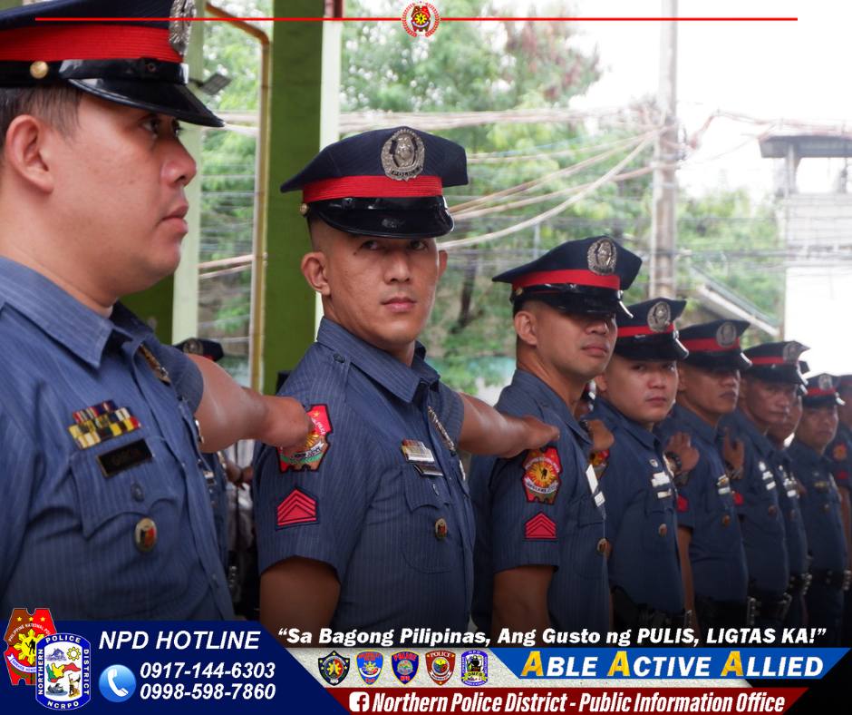 May be an image of 6 people and text that says 'OLIGE NPD HOTLINE "Sa Bagong Pilipinas, Ang Gusto ng PULIS, LIGTAS KA!" 0917-144-6303 ABLE ACTIVE ALLIED 0998-598-7860 f Northern Police District Public Information Office'