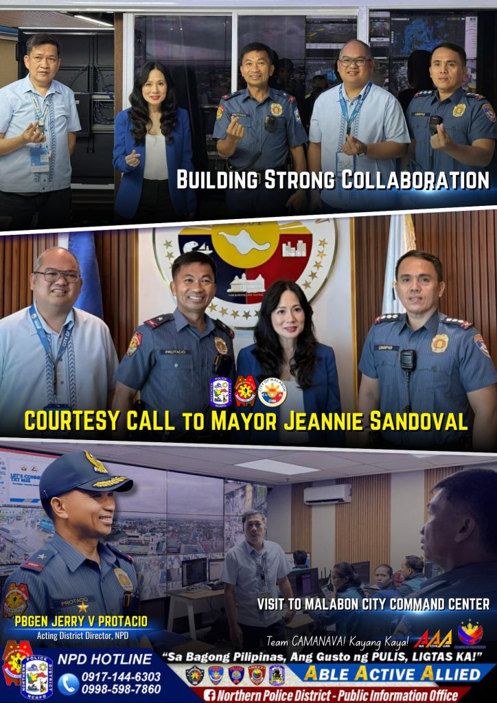 May be an image of 12 people and text that says 'BUILDING STRONG COLLABORATION ក 四彩 COURTESY CALL TO MAYOR JEANNIE SANDOVAL 活語 PBGEN JERRY PBGENJERRYPROTACIO V PROTACIO ActingDistrictDirector,NPD Acting District Director, NPD VISIT TO MALABON CITY COMMAND CENTER Team CAMANAVAI Kayana Kaya! AAA NPD HOTLINE "Sa Bagong Pilipinas, Ang Gusto ng PULIS, LIGTAS KA!" 0917-144-6303 ABLE ACTIVE ALLIED 0998-598-7860 Northern Police District- Public Information Office'