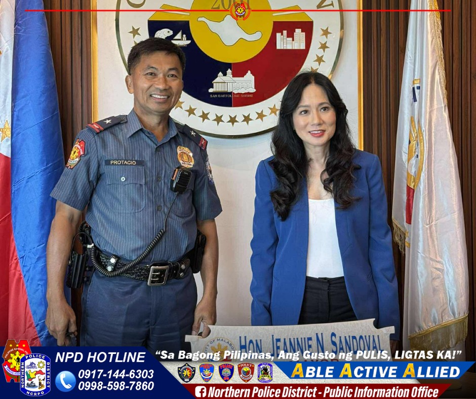 May be an image of 2 people and text that says 'سم PROTACIO HON IFANNIEN SANDOVAL OLIGE NPD HOTLINE "Sa Bagong Pilipinas, Ang Gusto ng PULIS, LIGTAS KA!" 0917-144-6303 ABLE ACTIVE ALLIED 0998-598-7860 f Northern Police District- eDistrict-Publicinformation Public Information Office'