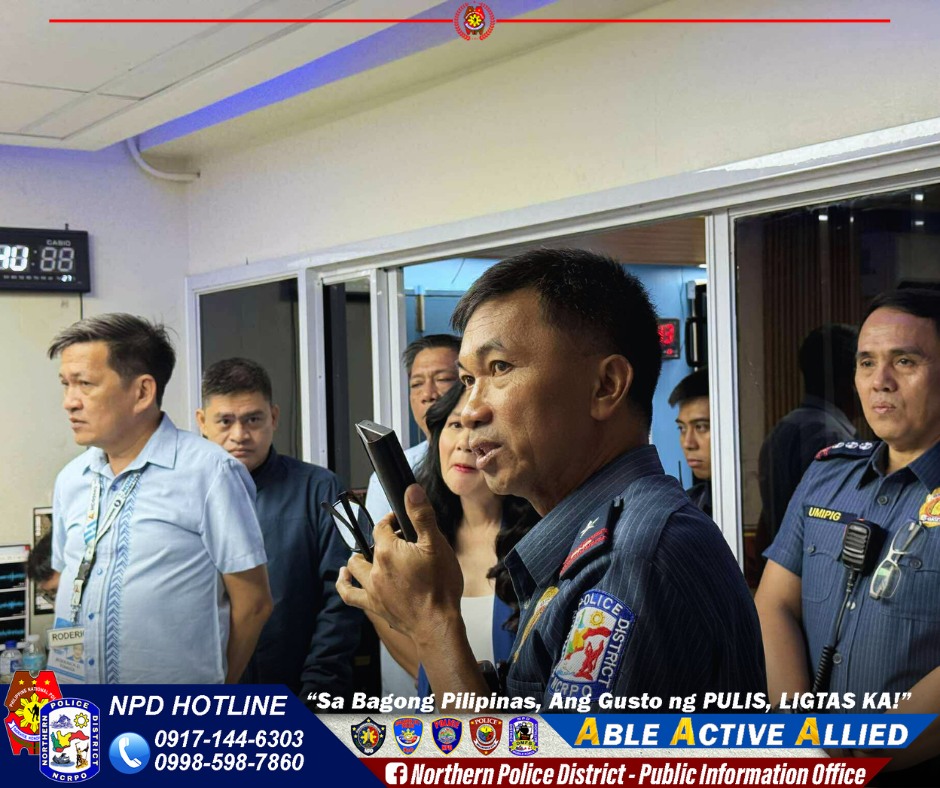 May be an image of 4 people and text that says '0 10:88 88 9 RODERH UMIPIG OLIGE AOLICE NPD HOTLINE 0917-144-6303 0998-598-7860 CTO "Sa Bagong Pilipinas, Ang Gusto ng PULIS, LIGTAS KA!" ABLE BLE ACTIVE ALLIED f Northern Police District Public Information Office'