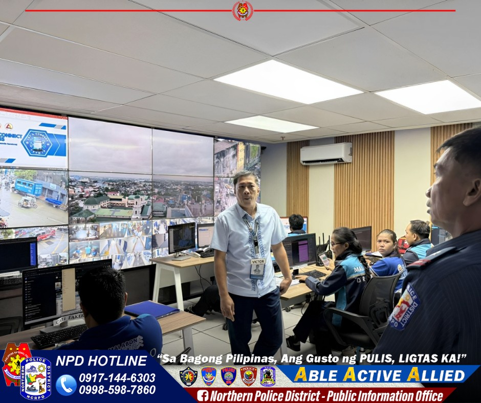 May be an image of 4 people, television and text that says 'A aBwcT PE VICTON POLIGE NPD HOTLINE "Sa Bagong Pilipinas, Ang Gusto ng PULIS, LIGTAS KA!" 0917-144-6303 ABLE Α ACTIVE ALLIED 0998-598-7860 f Northern Police District- Public Information Office'