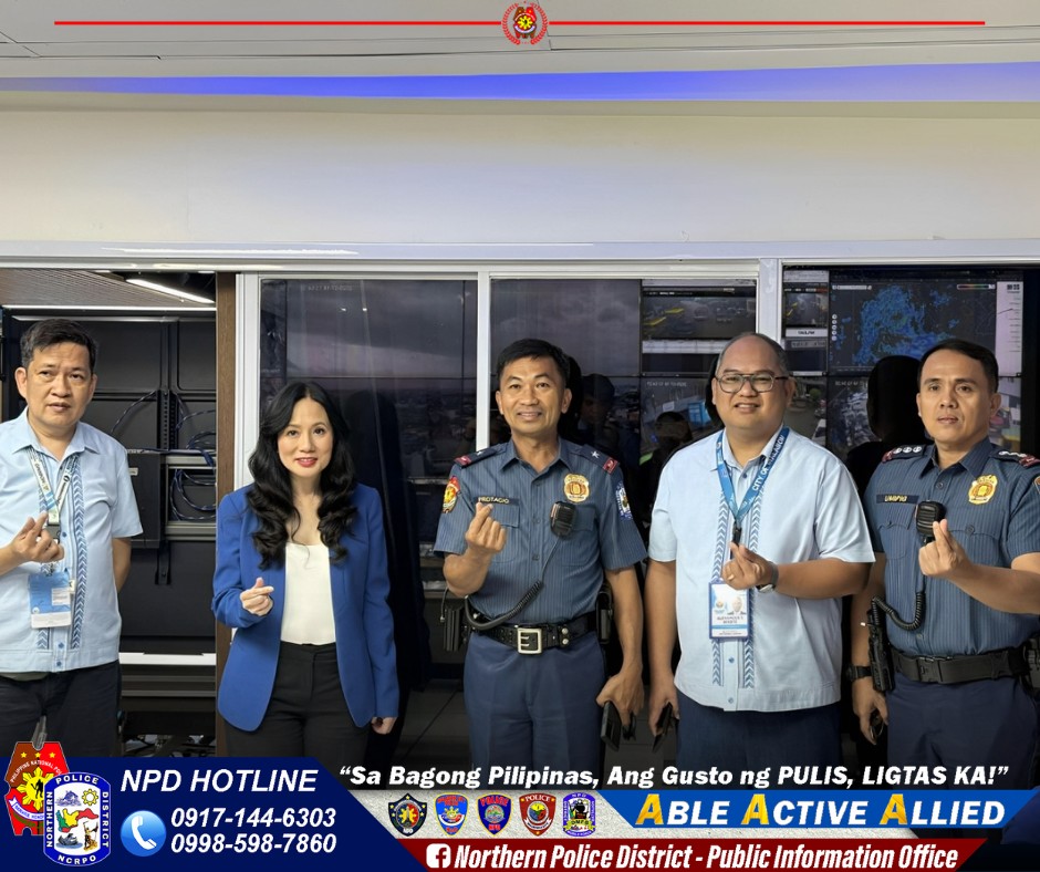 May be an image of 5 people, newsroom and text that says 'ت OLIGE NPD HOTLINE "Sa Bagong Pilipinas, Ang Gusto ng PULIS, LIGTAS KA!" 0917-144-6303 ABLE ACTIVE ALLIED 0998-598-7860 f Northern Police District Public Information Office'