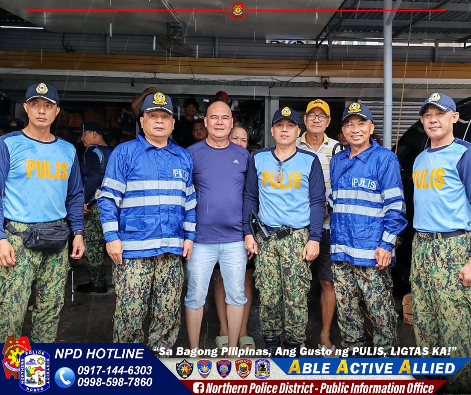 May be an image of 6 people and text that says 'TVEA O HIDI ( PULIS PIS PULIS PJLIS PJLIS ULIS OLIGE NPD HOTLINE "Sa Bagong Pilipinas, Ang Gusto ng PULIS, LIGTAS KA!" 0917-144-6303 ABLE A ACTIVE ALLIED 0998-598-7860 f Northern Police District- Public Information Office'
