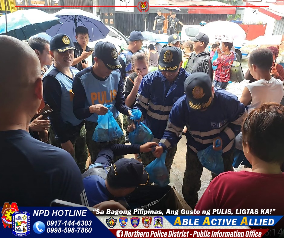 May be an image of 5 people, crowd and text that says '1 PULI 44и CT POLIGE NPD HOTLINE "Sa Bagong Pilipinas, Ang Gusto ng PULIS, LIGTAS KA!" 0917-144-6303 ABLE A ACTIVE BLE ALLIED 0998-598-7860 f Northern Police District Public Information Office'