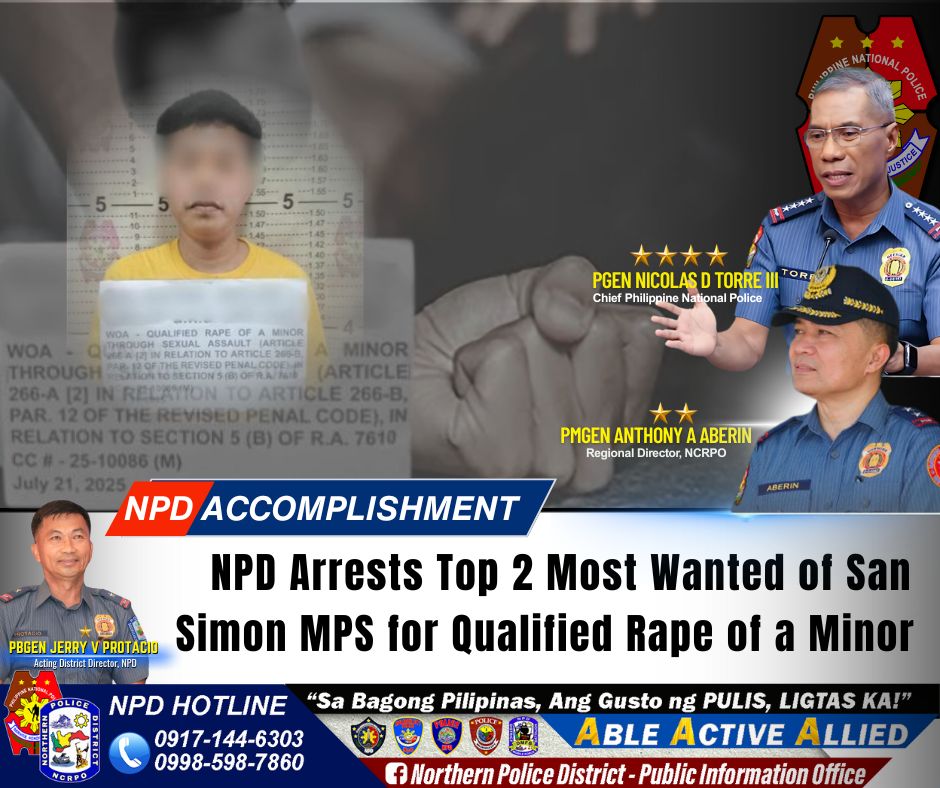 May be an image of 4 people and text that says 'JUSTICE RELATION 水 大大 PGENNICOLASD PGEN NNICOLASDTORRE III NICOLASD NICOLASD TORRE Chief Philippine tional Police ARTICLE 266-B, Na0aT まうだだ約る PMGEN ANTHONY A ABERIN Regional Director, NCRPO NPD ACCOMPLISHMENT ABERIN POLIOE NPD Arrests Top 2 Most Wanted of San PBGEN JERRY PROTACIO Simon MPS for Qualified Rape of a Minor OstrictDirector.NF NPD HOTLINE "Sa Bagong Pilipinas, Ang Gusto ng PULIS, LIGTAS KA!" 0917-144-6303 ABLE ACTIVE ALLIED 0998-598-7860 fNorthern f Police District- Public Information Office'