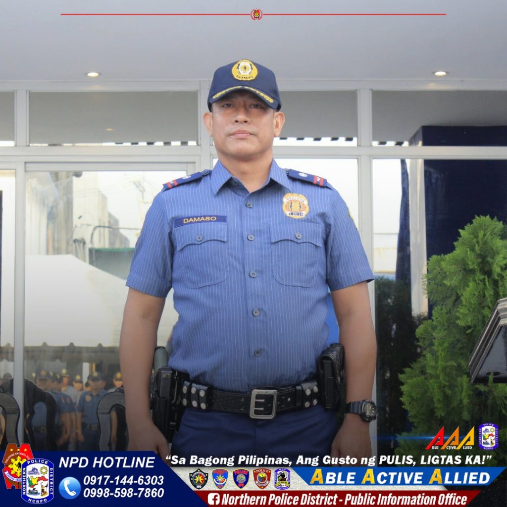 May be an image of 1 person and text that says 'DAMABO เนเธญเธฐเธกเธเธตเน To4a AAAE NPD HOTLINE "Sa Bagong Pilipinas, Ang Gusto ng PULIS, LIGTAS KA!" 0917-1 0917-144-6303 ABLE ACTIVE ALLIED 0998-598-7860 f Northern Police District-P Public Information Office'